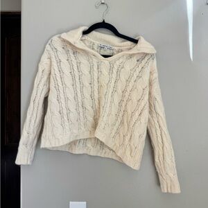 100% Cashmere Cable Knit Cropped Collared Sweater Soft Ivory Coastal